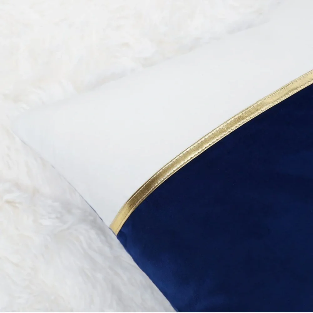 Luxury Home | Blue & White Color Blocked Gold Detail Lumbar Throw Pillow Covers